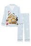 Women Nightwear Christmas House Prints Long Sleeve Blue Pajama 2 Piece