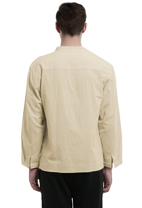Men Renaissance Medieval Shirt Khaki V Neck Long Sleeve Pirate Top for Halloween