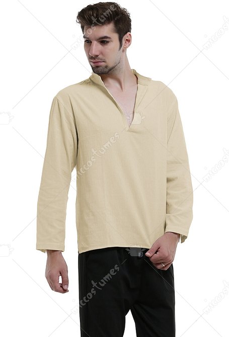 Men Renaissance Medieval Shirt Khaki V Neck Long Sleeve Pirate Top for Halloween