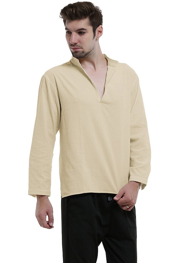 Men Renaissance Medieval Shirt Khaki V Neck Long Sleeve Pirate Top for Halloween