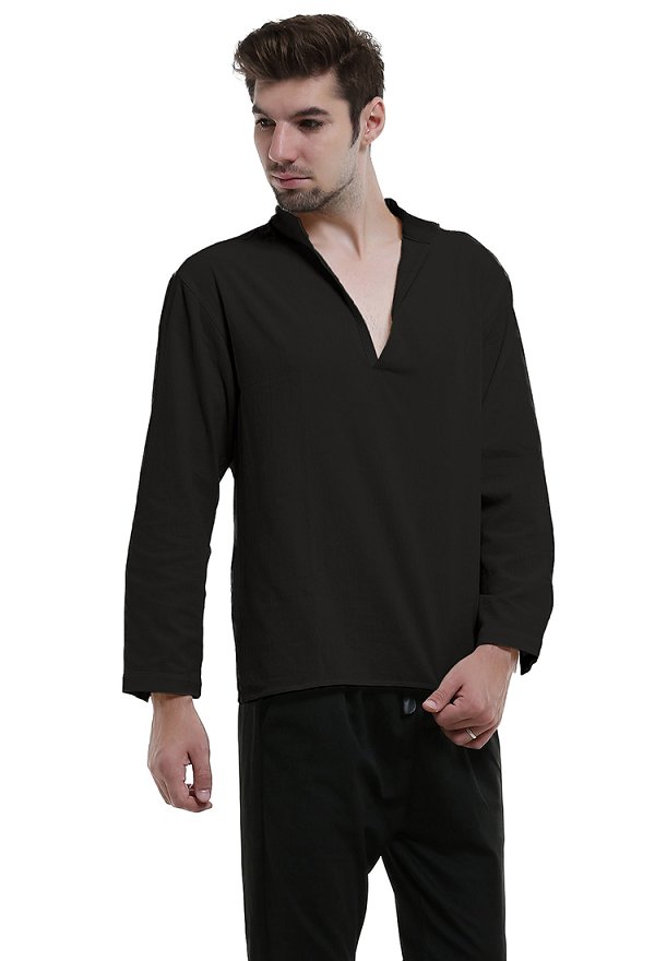 Men Renaissance Medieval Shirt Black V Neck Long Sleeve Pirate Top for Halloween