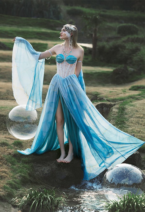 Vestido Sirena Medieval Renacimiento Vintage Azul Degradado Vestido con Mangas y Collar