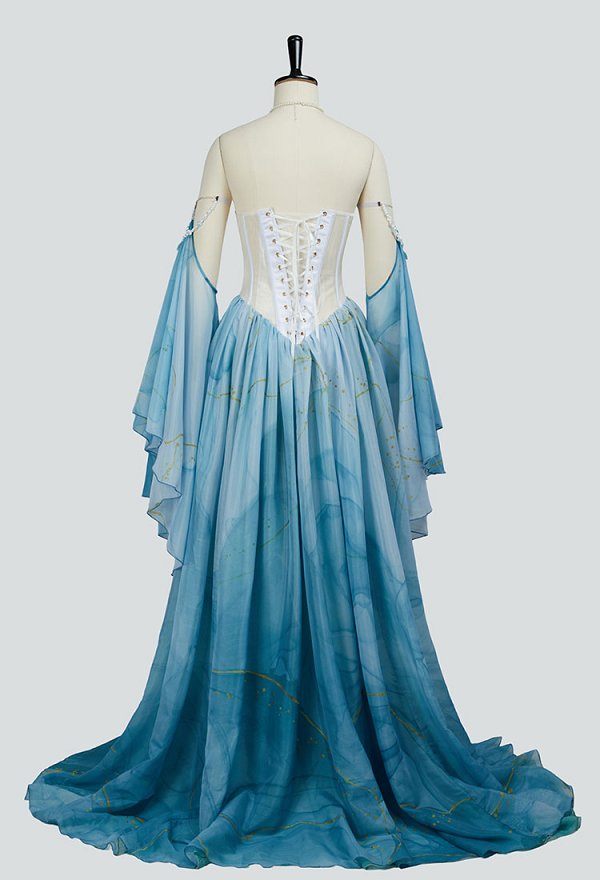 Vestido Sirena Medieval Renacimiento Vintage Azul Degradado Vestido con Mangas y Collar