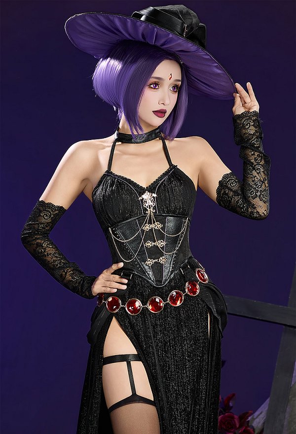 Raven Derivative Halloween Gothic Hexe Cosplay Kostüm Neckholderkleid mit Umhang Hut