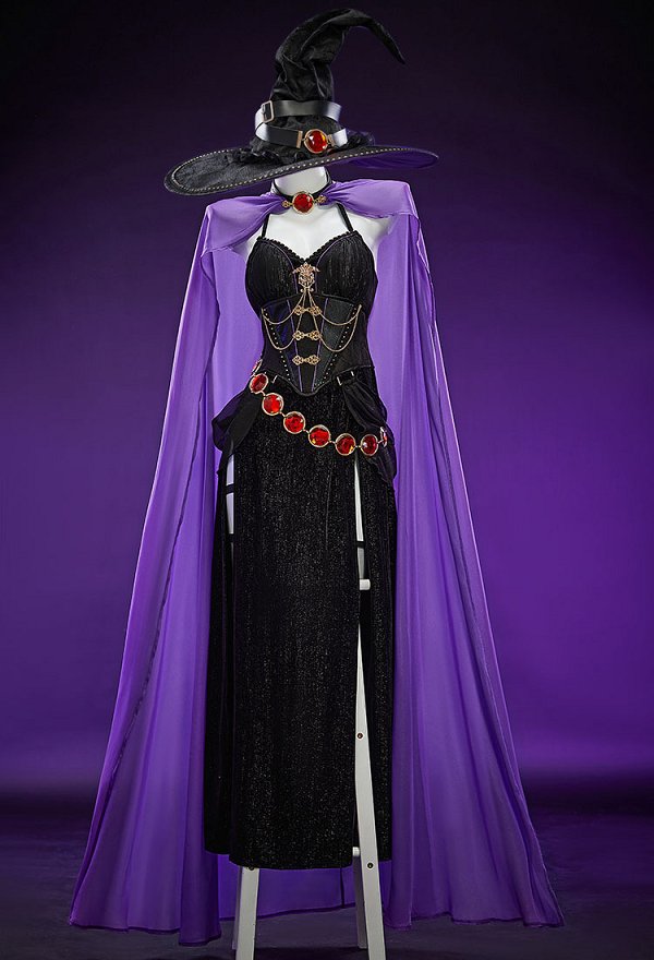 Raven Derivative Halloween Gothic Hexe Cosplay Kostüm Neckholderkleid mit Umhang Hut