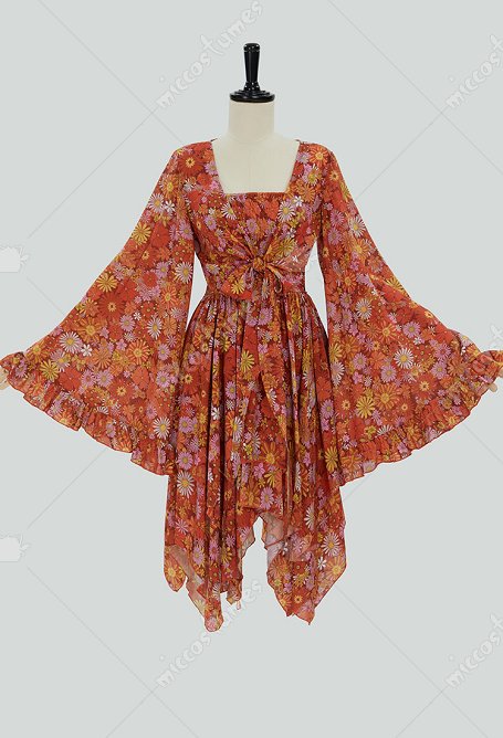 Costume vintage Robe à bretelles imprimée florale des années 1970 avec une veste
