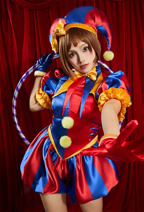 Disfraz de Cosplay de Chica Payaso de TADC con Mono Azul y Rojo con Sombrero con Guantes y Calcetines