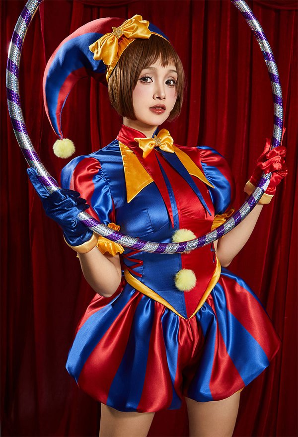 Disfraz de Cosplay de Chica Payaso de TADC con Mono Azul y Rojo con Sombrero con Guantes y Calcetines