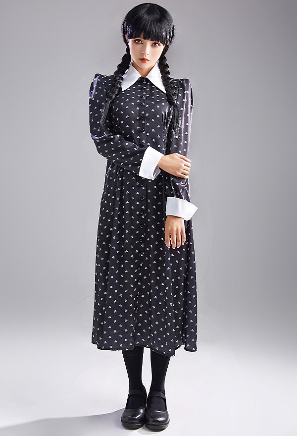 Wednesday Addams Cosplay Costume Largo Vestido con Medias Wednesday Addams Cosplay Costume Largo Vestido con Medias