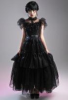 Wednesday Addams Costume de Cosplay Wednesday Robe Longue Gothique Sombre avec Ceintures Wednesday Addams Costume de Cosplay Wednesday Robe Longue Gothique Sombre avec Ceintures