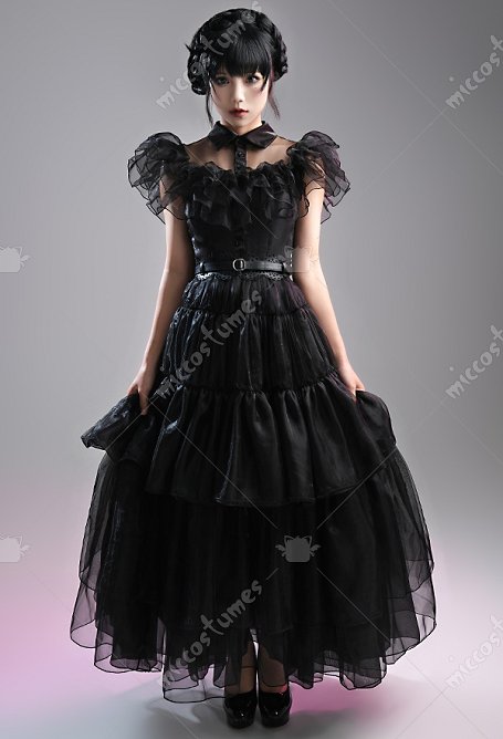 Wednesday Addams Costume de Cosplay Vestido de Long Party Formal con Cinturón