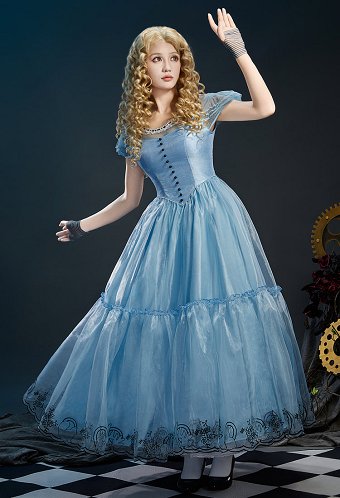 Movie Ver Alice in Wonderland Alice Cosplay Costume Dress with Gloves
