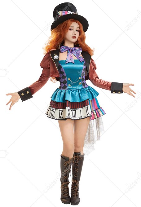 Disfraz de cosplay de Alicia en el País de las Maravillas y el Sombrerero Loco con cambio de género vestido de Halloween con chaqueta y sombrero