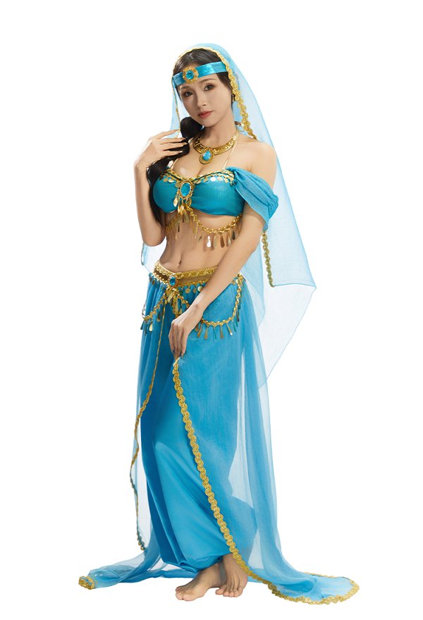 Aladdin Princesa Árabe Disfraz de Cosplay Top y Pantalones con Velo y Bandera Aladdin Princesa Árabe Disfraz de Cosplay Top y Pantalones con Velo y Bandera