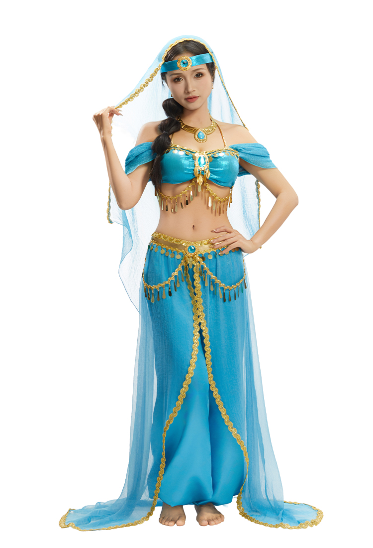 Aladdin Princesa Árabe Disfraz de Cosplay Top y Pantalones con Velo y Bandera