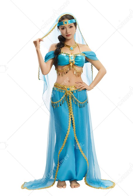 Aladdin Princesa Árabe Disfraz de Cosplay Top y Pantalones con Velo y Bandera