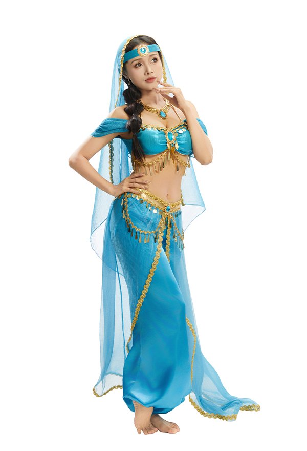 Aladdin Princesa Árabe Disfraz de Cosplay Top y Pantalones con Velo y Bandera Aladdin Princesa Árabe Disfraz de Cosplay Top y Pantalones con Velo y Bandera
