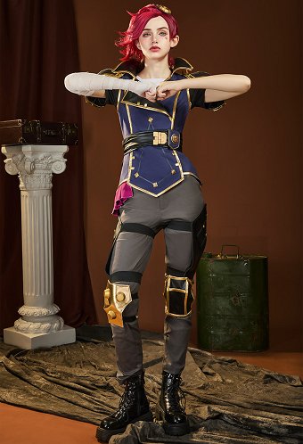 Premium Edition Hohe Qualität Arcane LOL Vi Cosplay Kostüm Jacke Hose mit Gürtel
