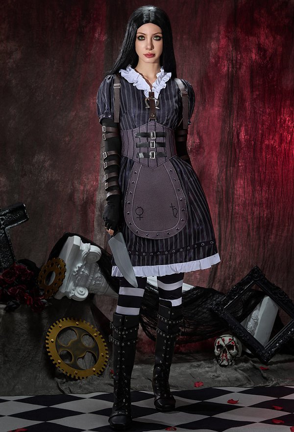 Alice: Madness Returns Alice Halloween Cosplay Costume Dress Unifrom with Waistband and Knee High Socks