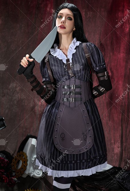 Alice: Madness Returns Alice Halloween Cosplay Robe Unifrom avec ceinture et chaussettes à hauteur des genoux