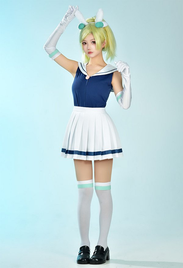 Adventure Time: Fionna and Cake Fionna Campbell Cosplay Costume Top sans Manches et Jupe de Style de Marin avec Gants et Bas de Cuisse Adventure Time: Fionna and Cake Fionna Campbell Cosplay Costume Top sans Manches et Jupe de Style de Marin avec Gants et Bas de Cuisse