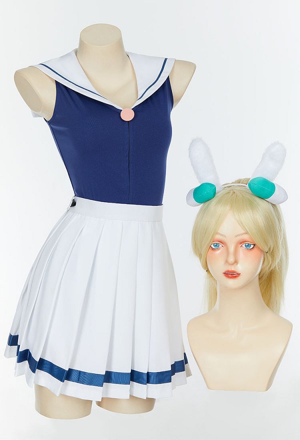 Adventure Time: Fionna and Cake Fionna Campbell Cosplay Costume Top sans Manches et Jupe de Style de Marin avec Gants et Bas de Cuisse Adventure Time: Fionna and Cake Fionna Campbell Cosplay Costume Top sans Manches et Jupe de Style de Marin avec Gants et Bas de Cuisse