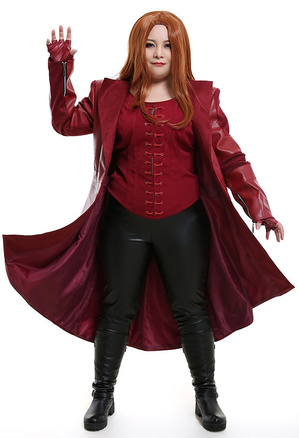 Plus Size Super Heroine Wanda Maximoff Scarlet Witch Outfit Curvy Cosplay Costume Coat Inspired by Avengers: Infinity War Make to Order with Gloves