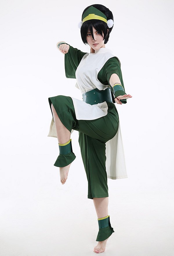 Avatar Airbender Toph Beifong Adult Green Kungfu Suit Cosplay Costume with Hairband
