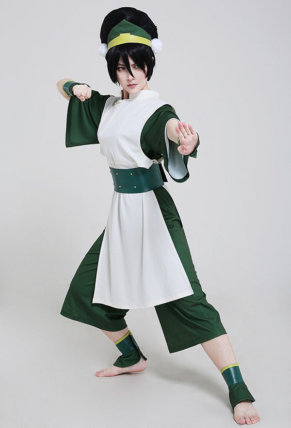 Avatar Airbender Toph Beifong Adult Green Kungfu Suit Cosplay Costume with Hairband