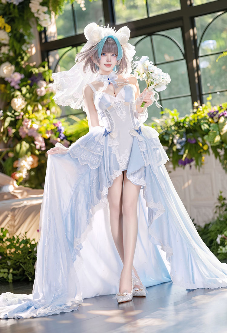 Azur Lane HMS Cheshire White Seaside Melody Skin Cosplay Kostüm Neckholderkleid mit Schleier und Schleppe