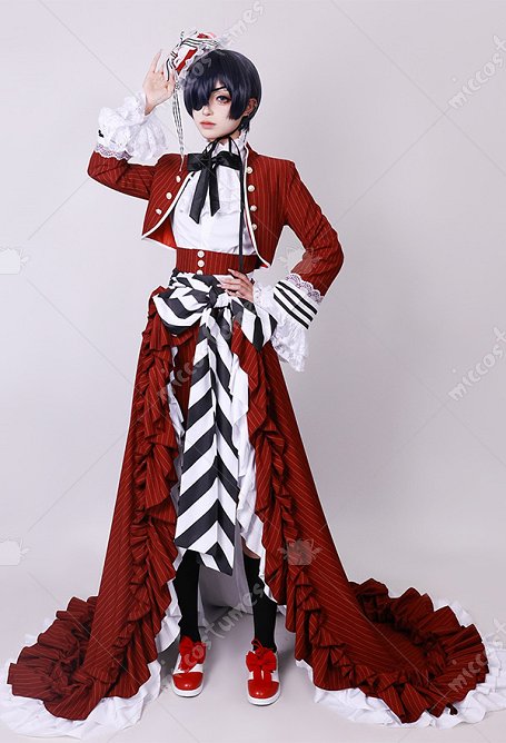 Kuroshitsuji Cosplay Costume Robe Longue Rouge et Manteau avec Chemisier et Short