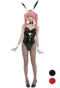 Bunny Girl Fascinating One-Piece Bodysuit PU Leather Heart Shaped Hollow Out Front Bodycon Bodysuit Full set