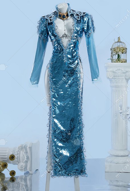 Disfraz de cosplay de Baldur's Gate vestido largo azul con collar de armadura de hombro