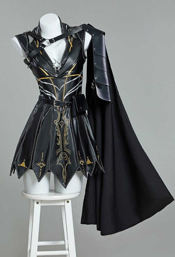 Shadowheart Derivative Battle Suit Schwarzes Tiefes V-Lederkleid mit Umhang Hose Cosplay
