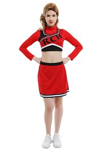 Women RCH Pattern Party Uniform Red Long Sleeved High Collar Top and Skirt Cheerleader Halloween Performance Costume