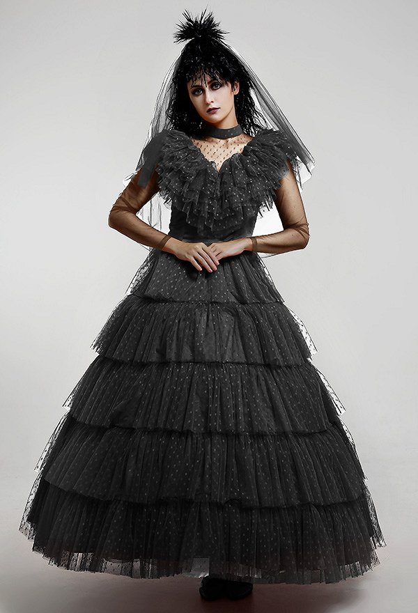 Gothic Black Wedding Style Dress Cosplay Costume for Halloween with Veil Gothic Black Wedding Style Dress Cosplay Costume for Halloween with Veil