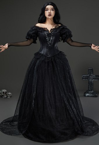 Beetlejuice Delores Cosplay Costume Gohitc Black Dress with Corset and Gloves