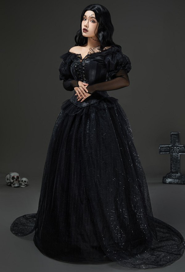 Beetlejuice Delores Cosplay Costume Gohitc Black Dress with Corset and Gloves
