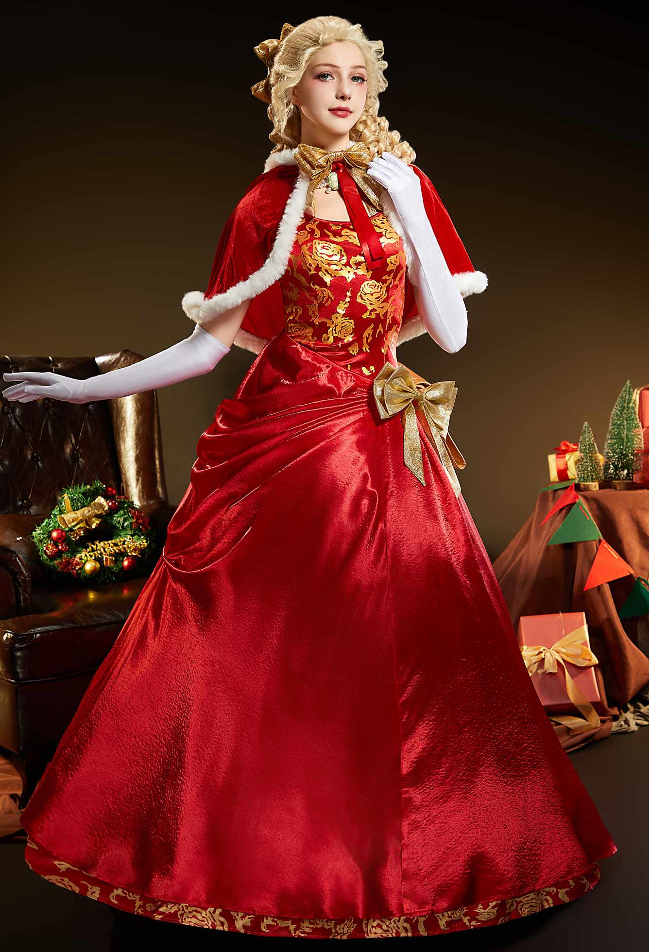 Disfraz Cosplay de Eden de Barbara en un Cuento de Navidad Vestido y Capa de Peluche con Caída Lateral y Lazo