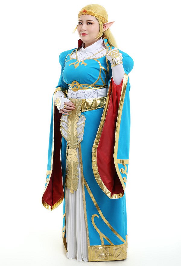 Plus Size Exclusive The Legend of Zelda Breath of the Wild Princess Zelda Blue Long Dress Gown Curvy Cosplay Costume with Gloves and Headdress
