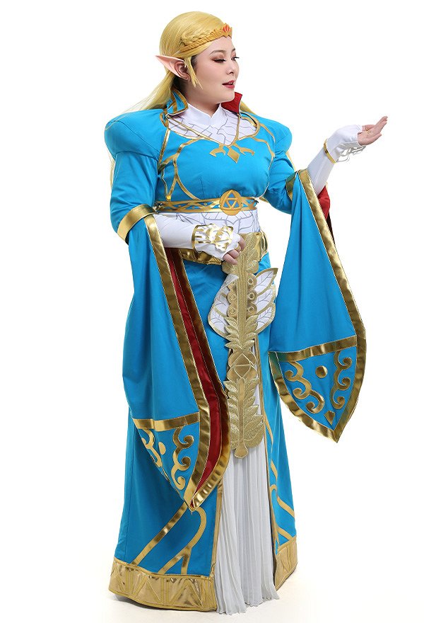 Plus Size Exclusive The Legend of Zelda Breath of the Wild Princess Zelda Blue Long Dress Gown Curvy Cosplay Costume with Gloves and Headdress