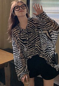Women Sheer Mesh Top Zebra-Stripe Print See-Through Hooded Long Sleeves T-shirt Casual Blouse