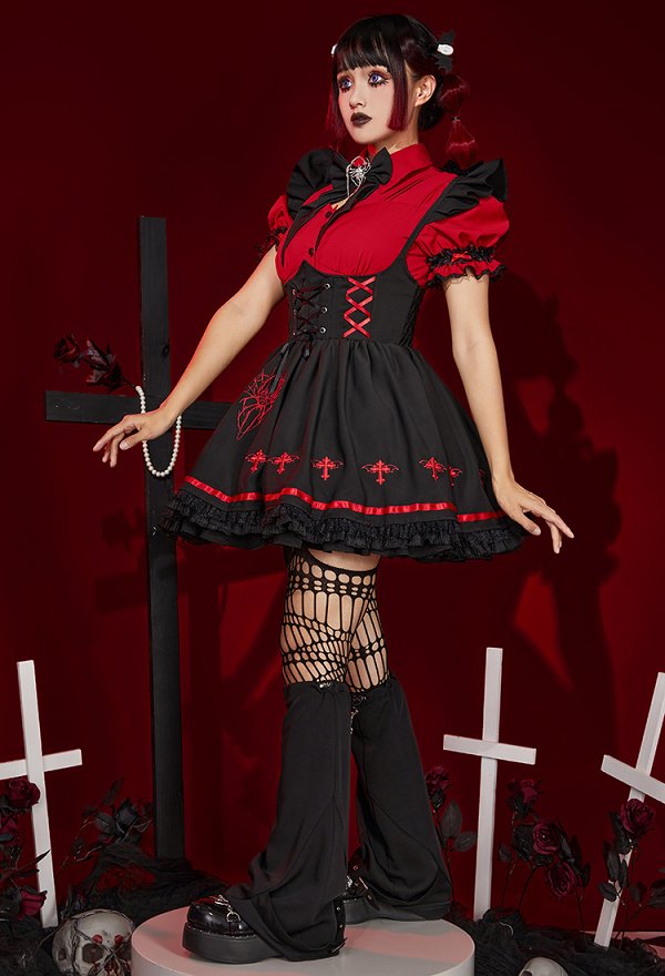 Halloween Women Vampire Girl Spider Costume Dark Gothic Spider Web Cross Pattern Suspender Skirt and Shirt Set Outfit with Tights Leg Covers
