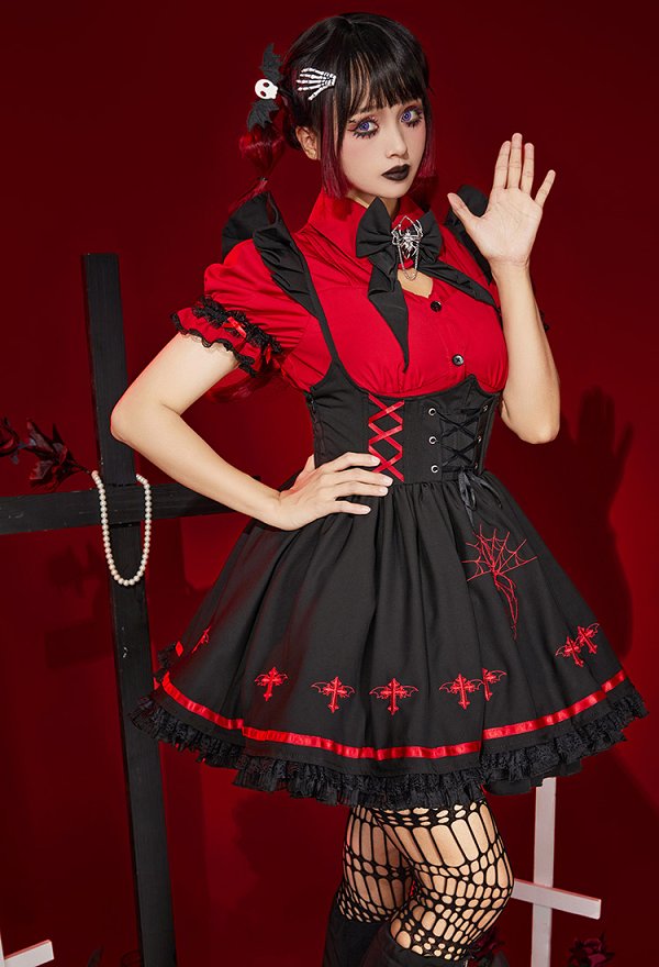 Halloween Women Vampire Girl Spider Costume Dark Gothic Spider Web Cross Pattern Suspender Skirt and Shirt Set Outfit with Tights Leg Covers