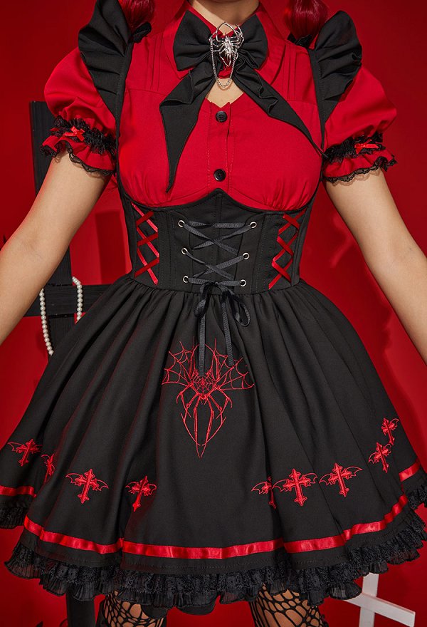 Halloween Women Vampire Girl Spider Costume Dark Gothic Spider Web Cross Pattern Suspender Skirt and Shirt Set Outfit with Tights Leg Covers