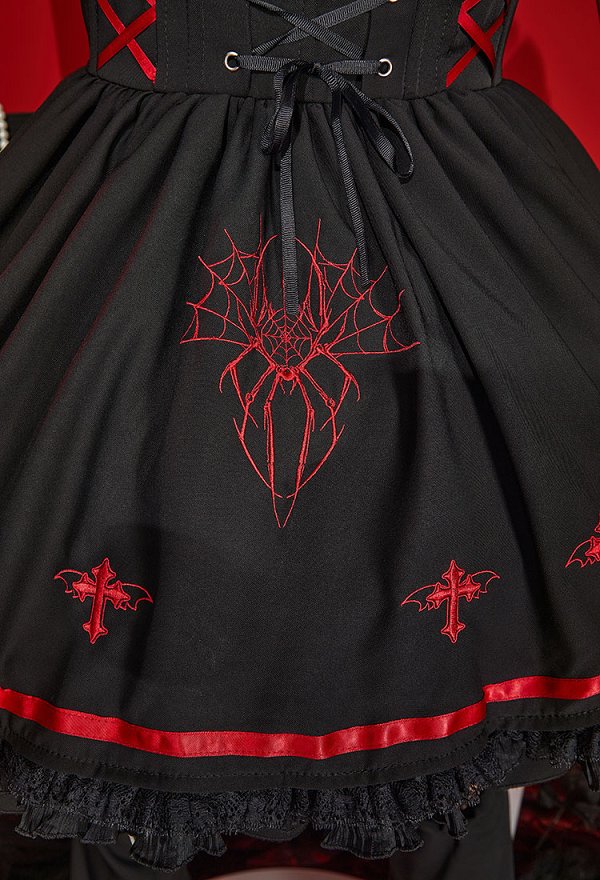 Halloween Women Vampire Girl Spider Costume Dark Gothic Spider Web Cross Pattern Suspender Skirt and Shirt Set Outfit with Tights Leg Covers