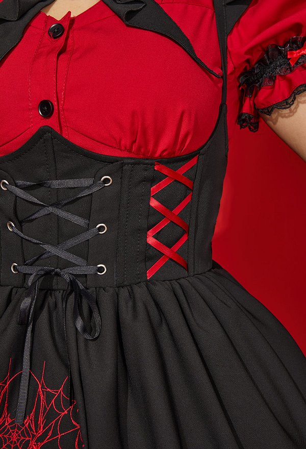 Halloween Women Vampire Girl Spider Costume Dark Gothic Spider Web Cross Pattern Suspender Skirt and Shirt Set Outfit with Tights Leg Covers
