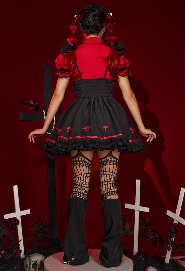Halloween Women Vampire Girl Spider Costume Dark Gothic Spider Web Cross Pattern Suspender Skirt and Shirt Set Outfit with Tights Leg Covers