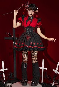 Set de Costume de Style Gothique Tenue pour Halloween Lolita Fille Vampire Araignée Rouge Noir Chemise et Jupe avec Bas