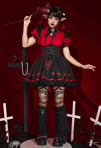 Halloween Women Vampire Girl Spider Costume Dark Gothic Spider Web Cross Pattern Suspender Skirt and Shirt Set Outfit with Tights Leg Covers